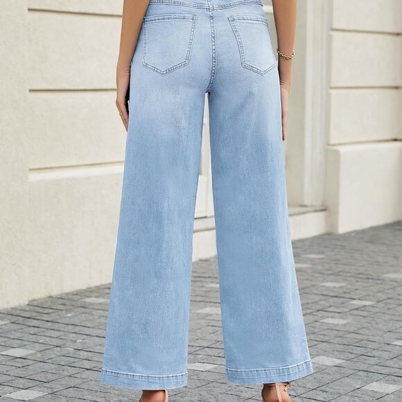 Pull On Womens Jeans Baggy Stretchy High Waisted Denim Wide Leg Trouser Pants Tr - Picture 2 of 7